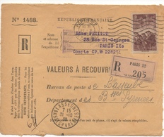 FRANCE, 1938, 2fr15, Mineurs (Yvert 390) Sur Devant Valeur à Recouvrer Envoi De Paris, Cachet LASSEUBE (64) - 1921-1960: Modern Period