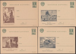 URSS 1941. 4 Cartes Postales, Entiers. Exposition Agricole De Moscou. Garde-frontière Et Chien, Pavillons, Drapeaux - Agriculture