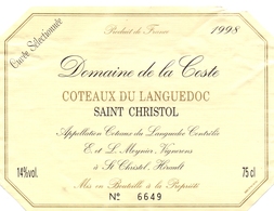 Etiket Etiquette - Vin - Wijn - Coteaux Du Languedoc - Saint Christol - Domaine De La Coste 1998 - Languedoc-Roussillon