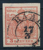 O 1850 3kr HP Ia Kárminpiros, Vízjeles 'RAA(B)' Certificate: Steiner - Altri & Non Classificati