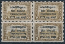 ** Nyugat-Magyarország I. 1921 Parlament 2K Négyestömb Bodor Vizsgálójellel (18.000) (kis Rozsda / Small Stain) - Andere & Zonder Classificatie