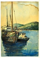 Ágotha Géza (1891-): Hajóvontatás. Akvarell (foltos), Papír, Jelzett, 30×21 Cm - Autres & Non Classés