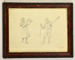 Faragó Jelzéssel: Felszolgáló Lány, Vándor Fiú. Ceruza, Papír, üvegezett Keretben, 22×35 Cm - Other & Unclassified