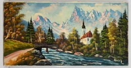 Holik Jelzéssel: Alpesi Táj Templommal. Olaj, Vászon, 40×80 Cm - Autres & Non Classés