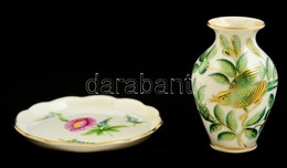 Herendi Virág- és Levélmintás Porcelán Mini Váza és Tálka, Kézzel Festett, Jelzett, Hibátlan, D: 8 Cm, M: 6,5 Cm - Autres & Non Classés