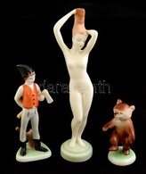 Hollóházi és Aquincumi Porcelán Figurák, 3 Db, Kézzel Festett, Jelzett, Egyik Mázhibával, M: 9, 15, 22,5 Cm - Andere & Zonder Classificatie