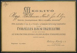 1886 Bp., Meghívó Buda Vára Visszafoglalásának 200-ik évfordulója Alkalmából Rendezett ünnepélyes Istentiszteletre, Háto - Unclassified