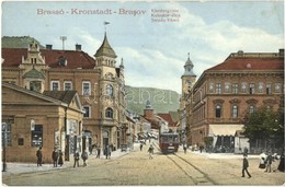 * T2/T3 Brassó, Kronstadt, Brasov; Klostergasse / Kolostor Utca, Villamos, Kávéház / Strada Vamii / Street View, Tram, C - Unclassified