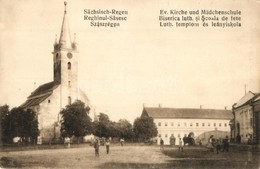 ** T2 Szászrégen, Reghinul Sasesc, Reghin; Evangélikus Templom, Leányiskola. Új Könyvkereskedés Kiadása / Church, Girl S - Non Classificati