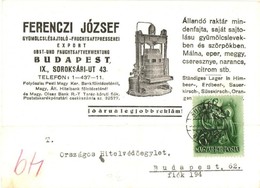 T2 1938 Ferenczi József Gyümölcslé-sajtoló (Fruchtsaftpresserei) Reklámlapja, Hátoldalon A Pecsétje. Budapest IX. Soroks - Ohne Zuordnung