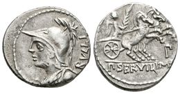 217 P. SERVILIUS RULLUS. Denario. 100 A.C. Norte De Italia. A/ Busto De Minerva A Izquierda, Detrás RULLI. R/ Victoria P - Republiek (280 BC Tot 27 BC)