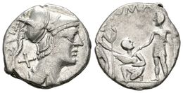 220 T. VETURIUS. Denario. 137 A.C. Roma. A/ Busto De Marte A Derecha, Detrás Signo De Valor X Y Leyenda TI VET. R/ Escen - República (-280 / -27)