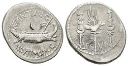 229 MARCO ANTONIO. Denario. 32-31 A.C. Ceca Volante. A/ ANT. AVG. III VIR. R. P. C. Galera Pretoriana A Derecha. R/ LEG. - Republiek (280 BC Tot 27 BC)