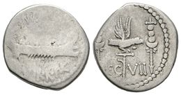 230 MARCO ANTONIO. Denario. 32-31 A.C. Ceca Volante (Patrae?). A/ ANT. AVG. III VIR. R. P. C. Galera Pretoriana A Derech - Republiek (280 BC Tot 27 BC)