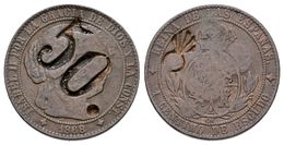 635 ISABEL II. 1 Céntimo De Escudo. 1868. Jubia OM. Contramarca Nº50 En Anverso Y Bomba De Artillería En Reverso. Cal-67 - Altri & Non Classificati