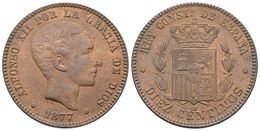 686 ALFONSO XII. 10 Céntimos. 1877. Barcelona OM. Cal-67. Ae. 9,92g. EBC+. - Otros & Sin Clasificación