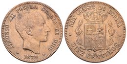 688 ALFONSO XII. 10 Céntimos. 1879. Barcelona OM. Cal-69. Ae. 9,81g. Limpiada. MBC+. - Other & Unclassified