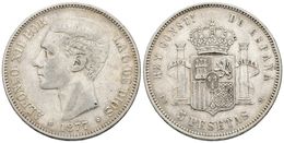 701 ALFONSO XII. 5 Pesetas. 1877 *18-77. Madrid DEM. Cal-28. Ar. 24,87g. Golpecito En El Canto Y Marquitas. MBC. - Altri & Non Classificati