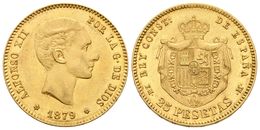 709 ALFONSO XII. 25 Pesetas. 1879 *18-79. Madrid EMM. Cal-9. Au. 8,06g. Hojita En Anverso. EBC. - Otros & Sin Clasificación