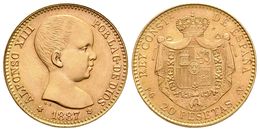 763 ALFONSO XIII. 20 Pesetas. 1887 *19-62. Madrid PGV. Reacuñación Oficial. Cal-6. Au. 6,45g. Leves Marquitas En Anverso - Otros & Sin Clasificación