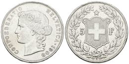 876 SUIZA. 5 Francs. 1908. Bern B. Km#34. Ar. 24,93g. (Rayitas). MBC-. Escasa. - Altri & Non Classificati