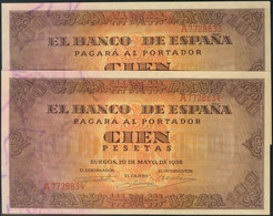 958 100 Pesetas. 20 De Mayo De 1938. Banco De España, Burgos. Serie A, Pareja Correlativa. (Edifil 2017: 432). SC. - Altri & Non Classificati