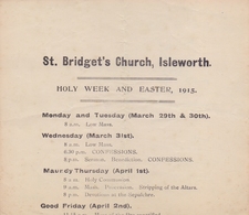 GREAT-BRITAIN :1915: ## St. Bridget's Church, Isleworth ##  Fragment Of The Programme Of The Holy Week And Easter 1915. - Europe