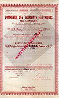 87- LIMOGES- TRES RARE CERTIFICAT NOMINATIF D' OBLIGATIONS DE 20 FRANCS COMPAGNIE DES TRAMWAYS ELECTRIQUES-TRAMWAY-1942 - Transports