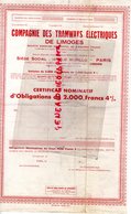 87- LIMOGES- TRES RARE CERTIFICAT NOMINATIF D' OBLIGATIONS DE 2000 FRANCS COMPAGNIE  TRAMWAYS ELECTRIQUES-TRAMWAY-19420 - Verkehr & Transport