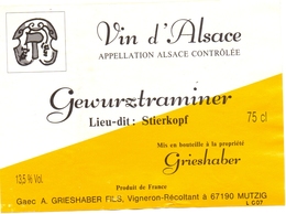 Etiket Etiquette - Vin - Wijn - D'Alsace - Gewurztraminer - Stierkopf - Grieshaber - Mutzig - Gewürztraminer