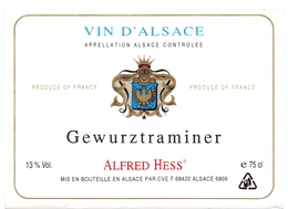 Etiket Etiquette - Vin - Wijn - D'Alsace - Gewurztraminer - Alfred Hess - Gewurztraminer