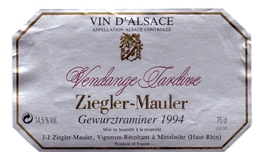 Etiket Etiquette - Vin - Wijn - D'Alsace - Gewurztraminer - Ziegler Mauler 1994 - Gewurztraminer