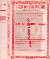 87-  LIMOGES- RARE CERTIFICAT NOMINATIF -  32 BOULEVARD CARNOT - PARTS SOCIALES DE DEUX CENT QUARANTE NOUVEAUX FRANCS - Bank En Verzekering