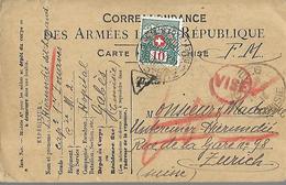 Correspondance FM  De Gabès  En   Tunisie   Vers   Zurich  28 10 1916 Carrte Censurée Et  Taxée - Lettres & Documents