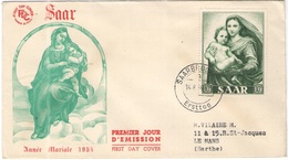 SAAR - 1954 - 10F Année Mariale - SAARBRUCKEN - FDC - Viaggiata Per Le Mans - FDC