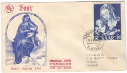 SAAR - 1954 - 15F Année Mariale - SAARBRUCKEN - FDC - Viaggiata Per Le Mans - FDC