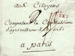 An 3 -lettre De 16 / COZES ( Charente Maritime ) 22 X 8 Mm Rouge  -au Dos, Arrivée Paris  Marque Révolutionnaire - 1792-1815: Départements Conquis