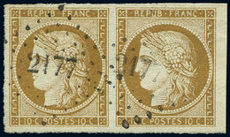 EMISSION DE 1849 - 1    10c. Bistre, PAIRE, Grandes Marges, Petit Bdf, Obl. PC 2177, Superbe - 1849-1850 Ceres