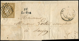 Let EMISSION DE 1849 - 1    10c. Bistre-jaune, Obl. GRILLE S. LSC, Càd T15 SAUJON 7/8/- Et Cursive 16/LE GUA, TB - 1849-1850 Ceres
