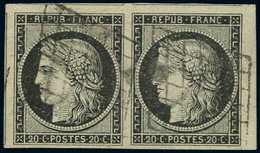 EMISSION DE 1849 - 3    20c. Noir Sur Jaune, PAIRE, Grandes Marges, 4 Amorces De Voisins, Obl. GRILLE, Petit Bdf, Superb - 1849-1850 Ceres