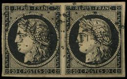 EMISSION DE 1849 - 3    20c. Noir Sur Jaune, PAIRE Obl. PC 1474 De GUINGAMP, Frappes TTB, Certif. JF Brun - 1849-1850 Ceres