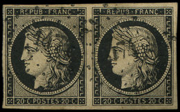 EMISSION DE 1849 - 3    20c. Noir Sur Jaune, PAIRE Obl. PC 1474 De GUINGAMP, Frappes TTB, Certif. JF Brun - 1849-1850 Cérès