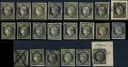 EMISSION DE 1849 - 3    20c. Noir Sur Jaune, 22 Ex. Obl., Dont Un Ex. Càd T15 Et Un Ex. Plume Et Càd, Dans L'ensemble TB - 1849-1850 Ceres