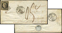 Let EMISSION DE 1849 - 3    20c. Noir Sur Jaune, Obl. GRILLE S. LAC, Càd T15 BAYONNE 24/7/50 Et Taxe 05c., Arr. NAVARREN - 1849-1850 Ceres
