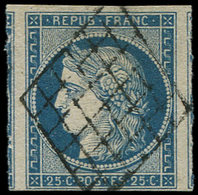 EMISSION DE 1849 - 4    25c. Bleu, Oblitéré GRILLE, 2 Voisins, TTB/Superbe - 1849-1850 Cérès