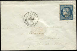 Let EMISSION DE 1849 - 4    25c. Bleu, à Peine Effl. En Bas, Obl. PC 1896 S. Env., Càd ALGER MARSEILLE 2/2/53, Ind. 33,  - 1849-1850 Cérès