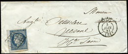 Let EMISSION DE 1849 - 4    25c. Bleu, Petit Cdf, Obl. GRILLE S. Env., Càd T15 PARIS 4/6/51, TB - 1849-1850 Ceres