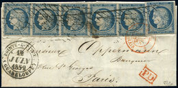 Let EMISSION DE 1849 - 4    25c. Bleu, BANDE De 5 Et Unité Obl. GRILLE SANS FIN S. LAC Pour PARIS, Càd POINTE A PITRE GU - 1849-1850 Ceres