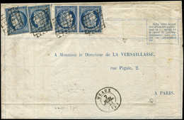 Let EMISSION DE 1849 - 4    25c. Bleu PAIRE + 2 Ex. (2 T. Touchés) Obl. GRILLE S. Grande Partie De Circulaire La Versail - 1849-1850 Cérès