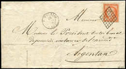 Let EMISSION DE 1849 - 5    40c. Orange, Obl. GRILLE S. LAC, Càd T15 VIMOUTIER 25/5/50, DOUBLE PORT Pour ARGENTAN, TTB.  - 1849-1850 Ceres